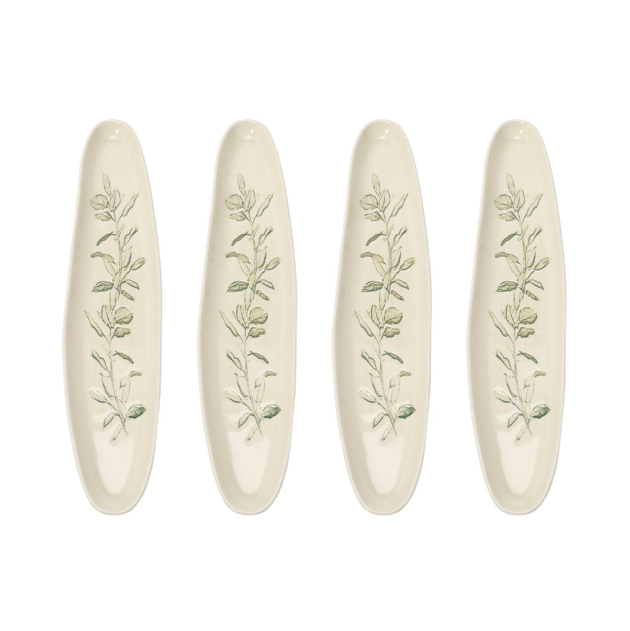 Hello Honey® Cream & Green Reactive Crackle Glaze Oval Debossed Stoneware Tray Set